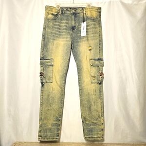 NWT THRT Varsity C-15 Mens Distressed Blue Denim Dirty Wash Stretch Jeans 38
